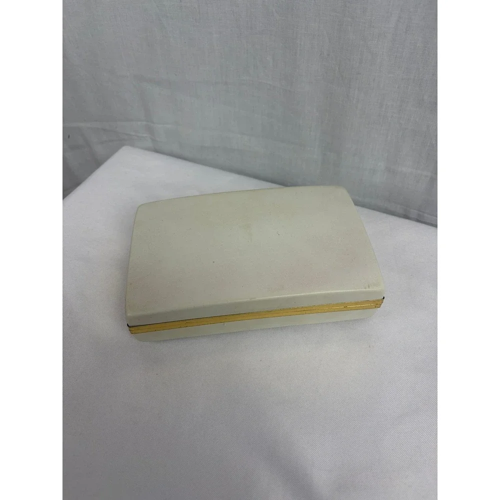 Vintage Mid Century Jewelry Box Cream Gold Carriage Satin Lining 15 Compartments